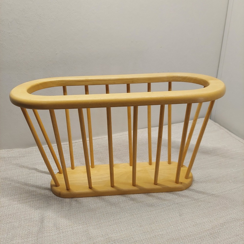 Vintage MCM Wood Spindle Magazine Rack Natural Oak Finish Organizer